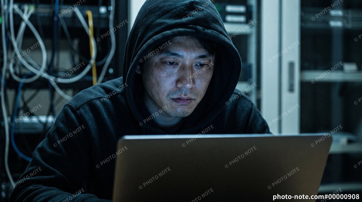 サーバーラックの前でノートパソコンを見つめるフード付きパーカーの男性