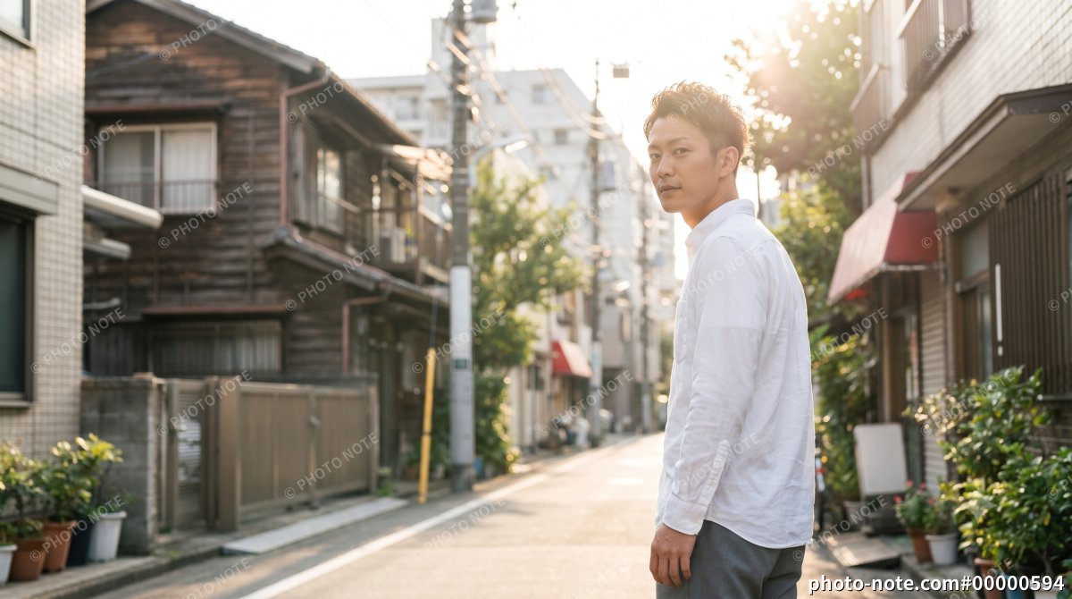 夕焼けの下町の路地を振り返る男性