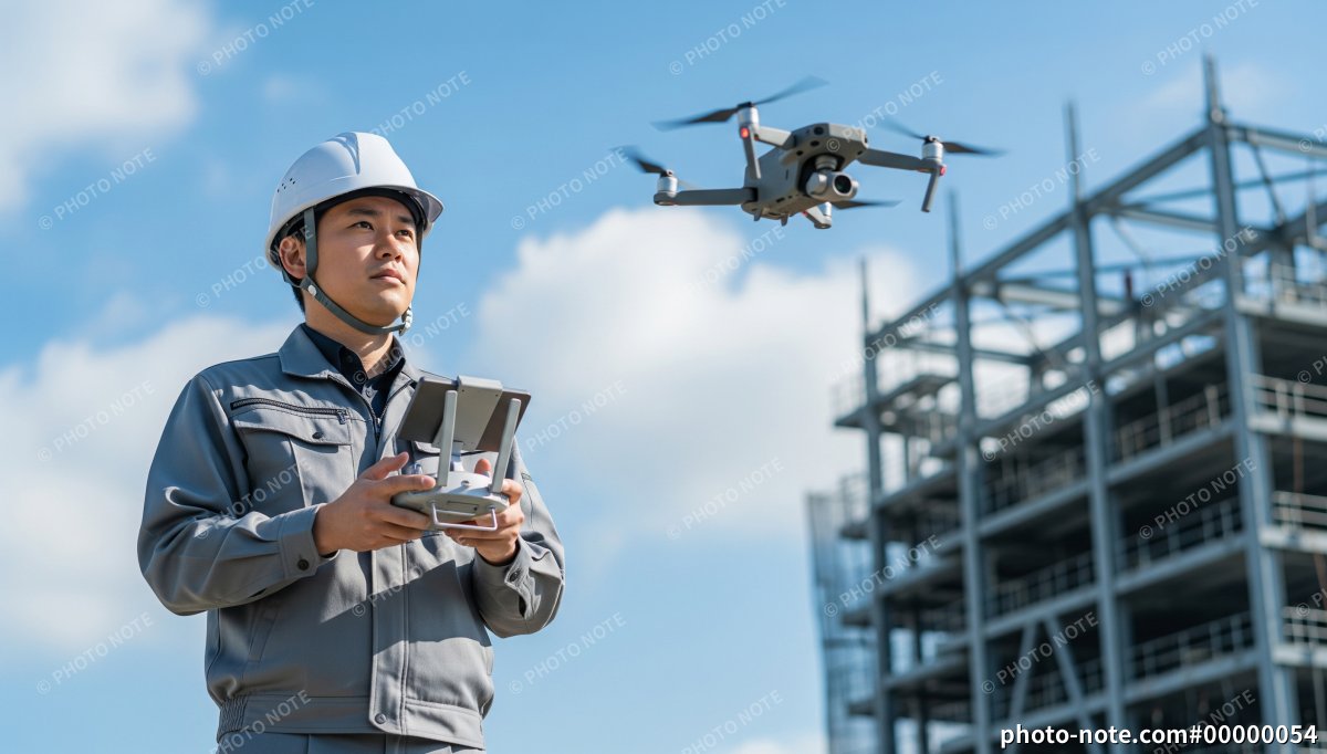 建設現場でドローンを操作する男性