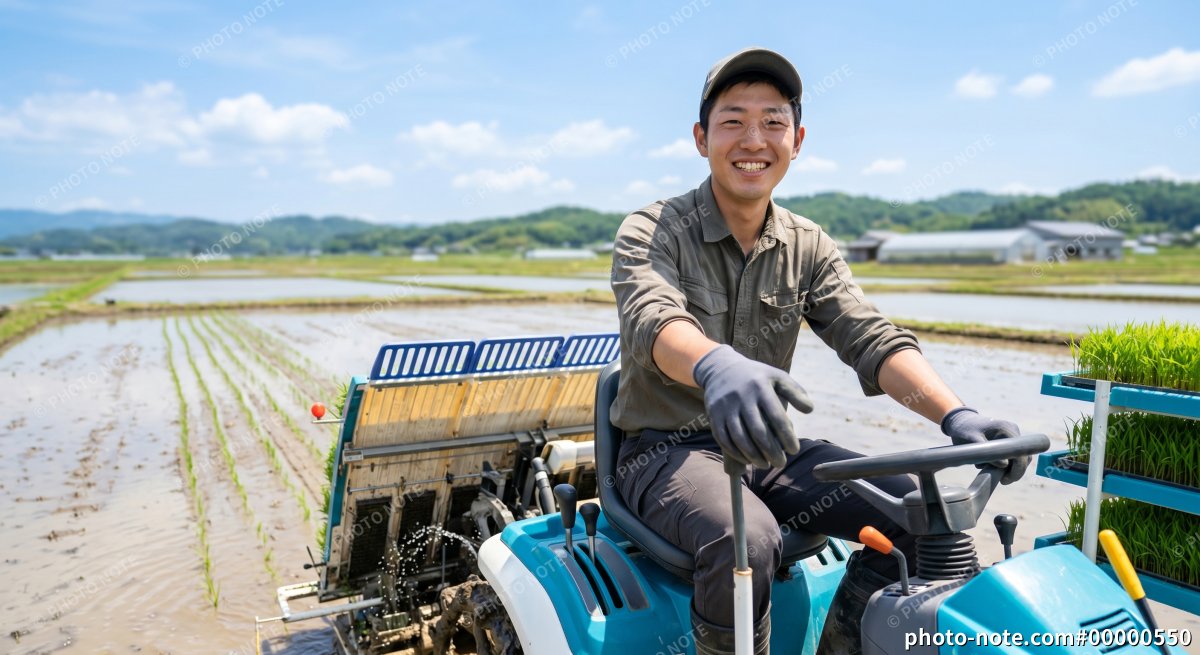 田植え機に乗って田植えをする男性