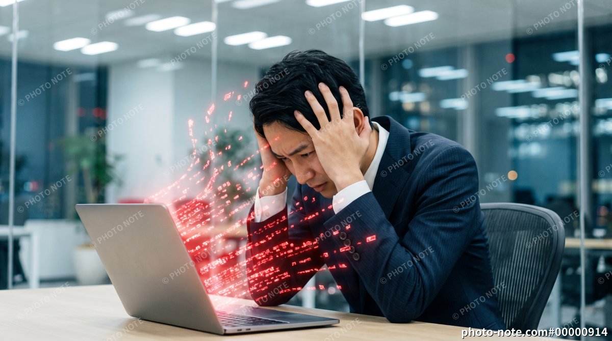 オフィスでノートPCからのデータ流出に頭を抱えて悩む男性会社員