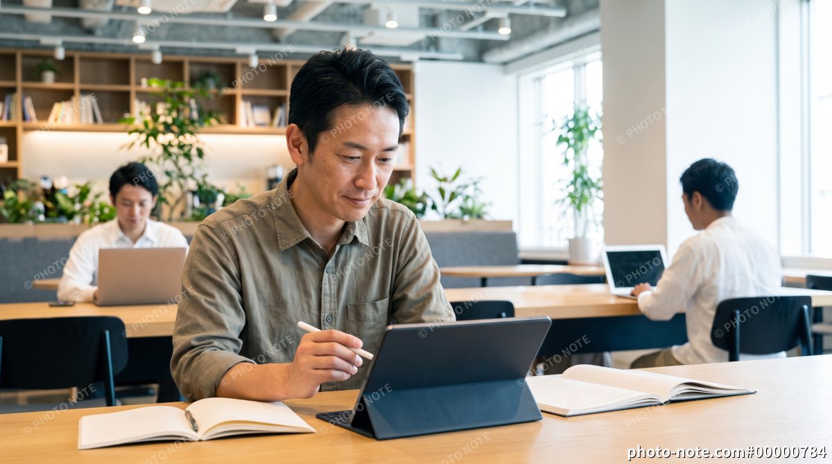 コワーキングスペースでタブレットを使いリスキリングに取り組む男性