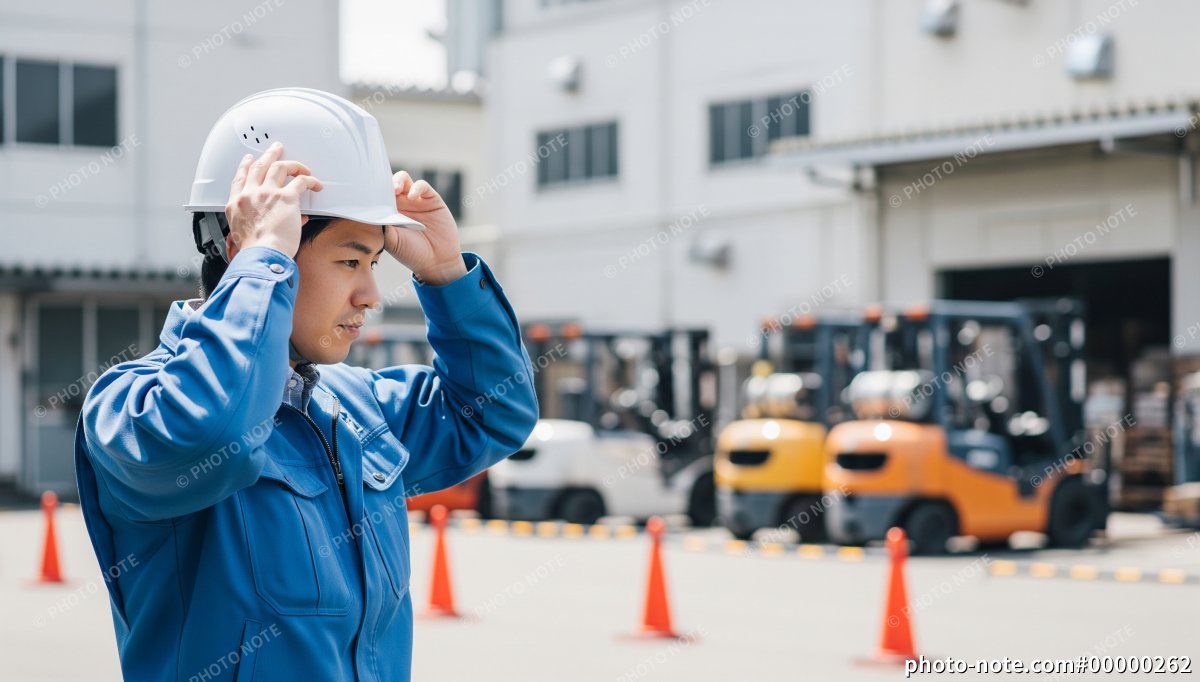 ヘルメットをかぶる工場作業員の男性