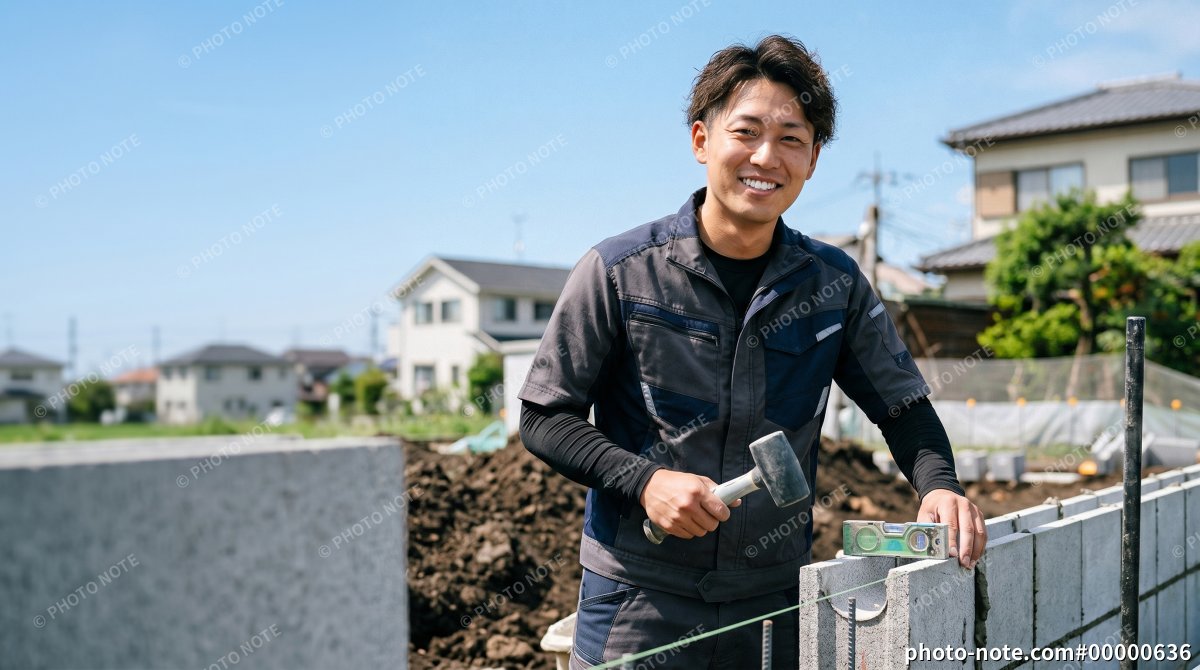 外構工事でブロック塀を施工する職人