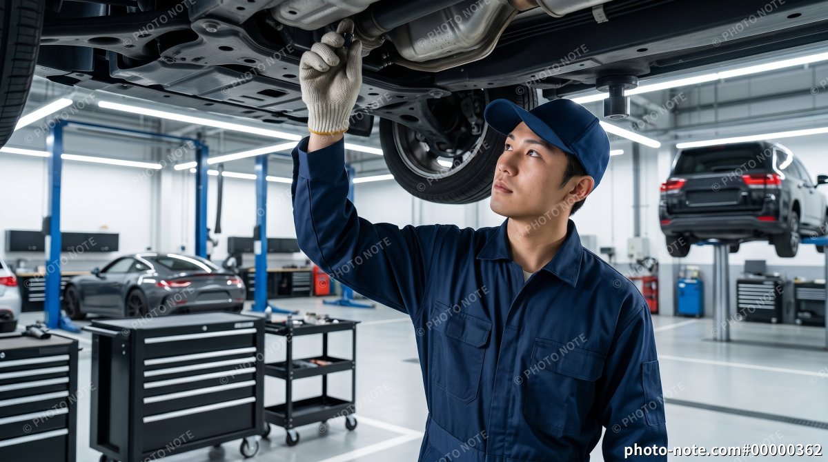 自動車整備工場で車両の下回りを点検する整備士