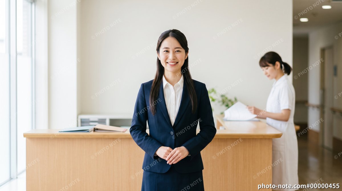 病院の受付に立つ医療事務の女性