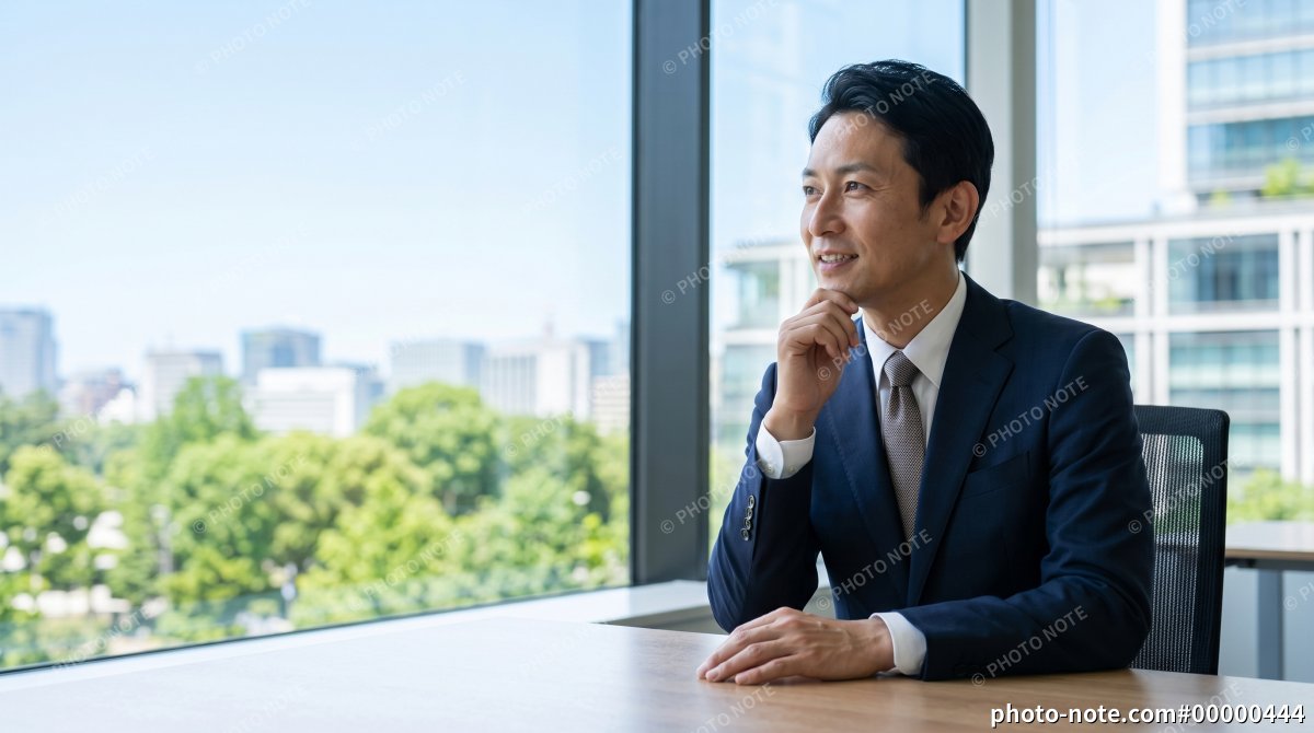 窓の外を見るミドル世代の会社員の男性