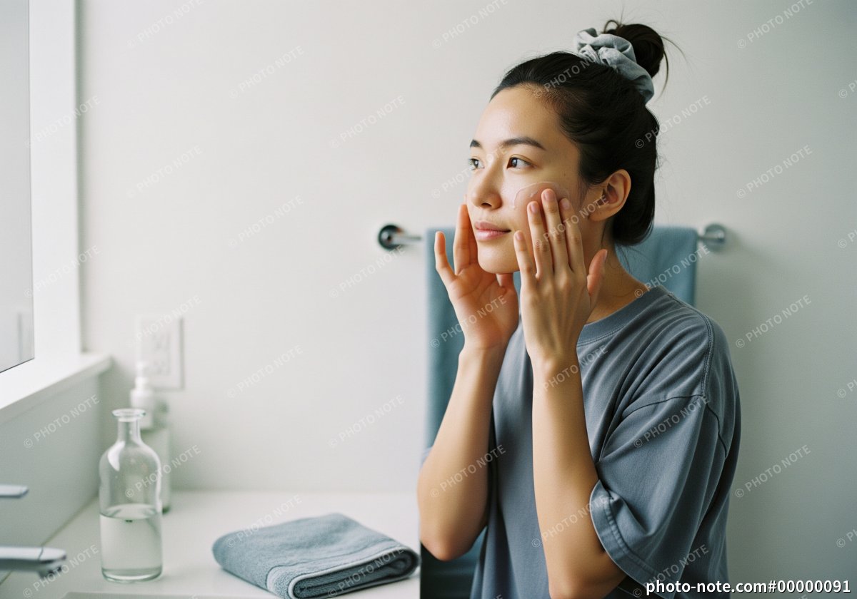 飾らないセルフケア：朝のルーティンで肌を保湿する、自然体の女性