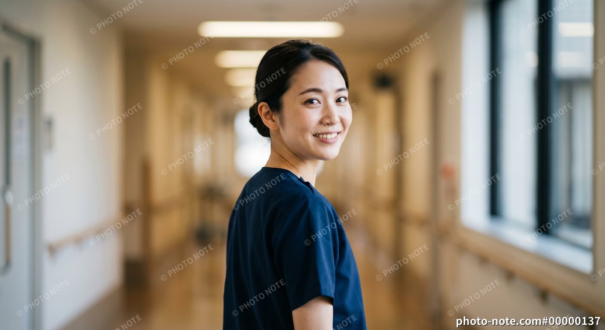 病院の廊下で振り返る女性の看護師のポートレート