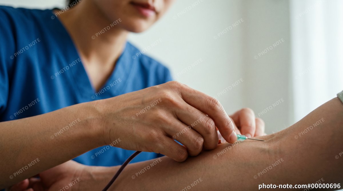 患者の腕から採血を行う看護師の手元のアップ