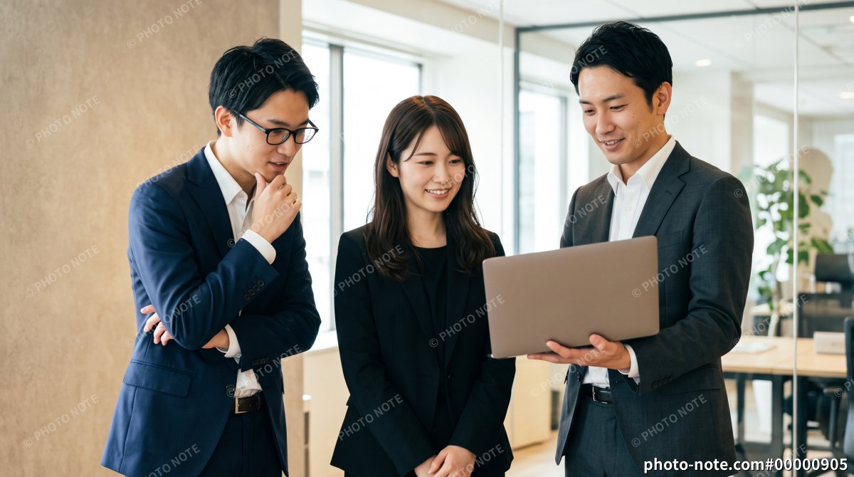 オフィスでノートパソコンを見ながら打ち合わせする男女の会社員