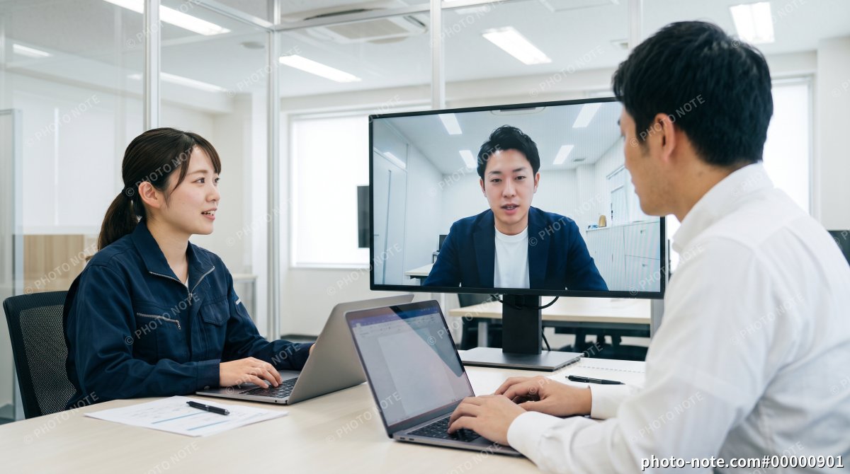 会議室で大型モニターを見ながらオンライン打ち合わせを行う作業着の女性と男性社員