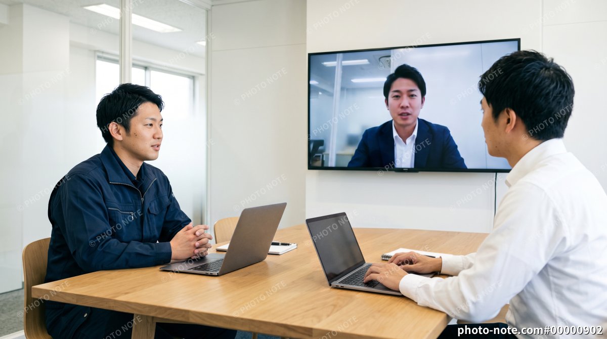 オフィスで大型モニター越しにリモート参加者とWeb会議を行う作業着の男性と会社員
