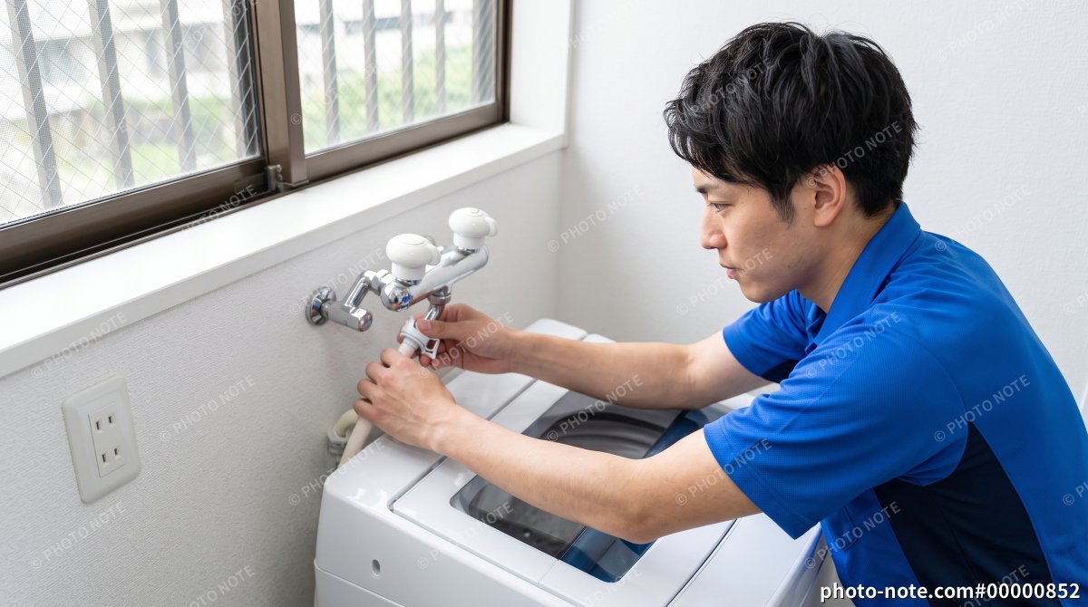 洗濯機の給水ホースを取り付ける水道工事・設備作業員