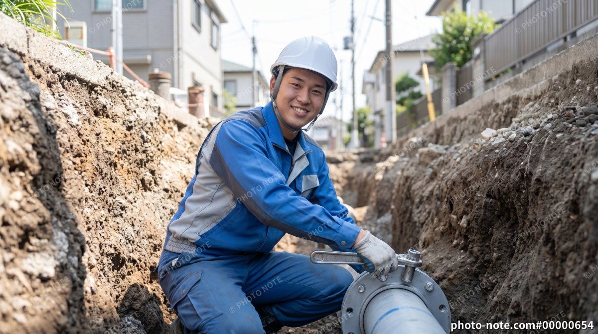 水道工事を行う男性作業員