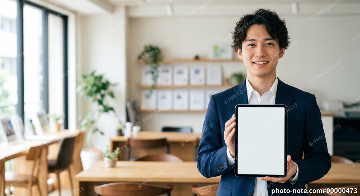 タブレットで間取りの案内をする不動産営業の男性