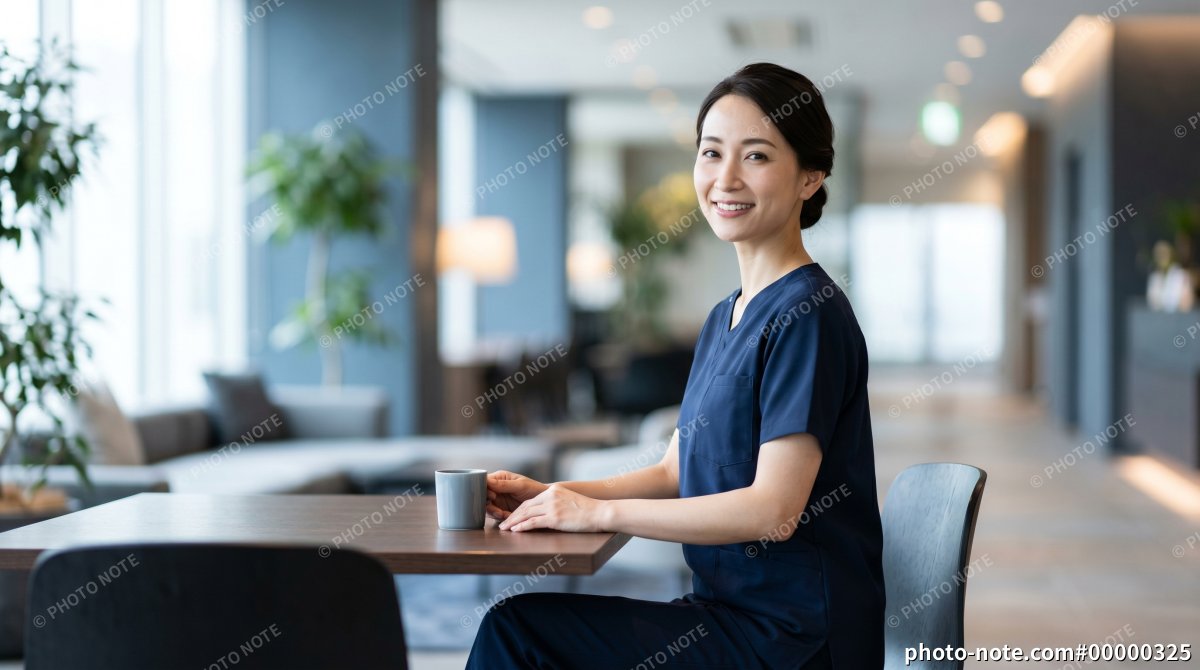 クリニックのロビーやオフィスの休憩スペースでリラックスして座る女性