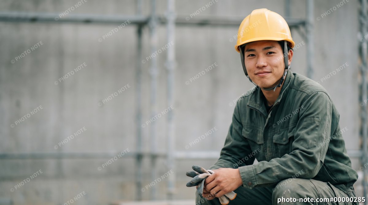 建設現場で休憩する作業員の男性