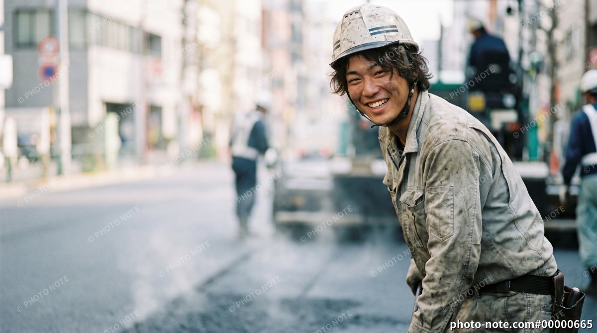 道路工事の男性作業員