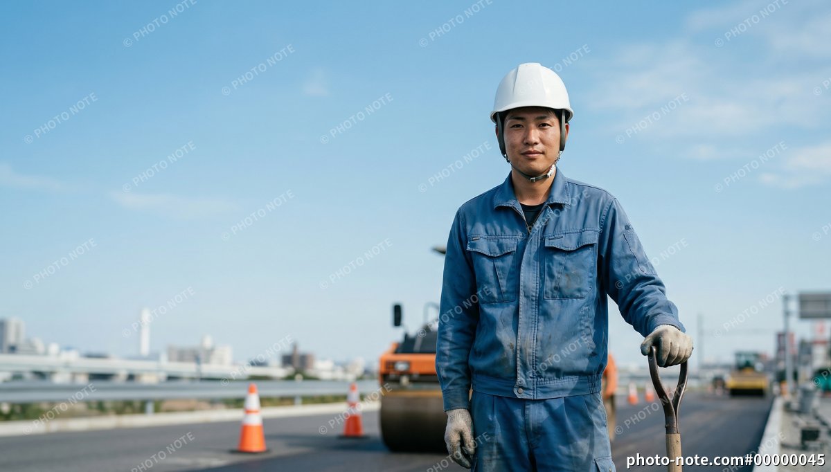道路工事の現場でスコップを持って立つ男性作業員