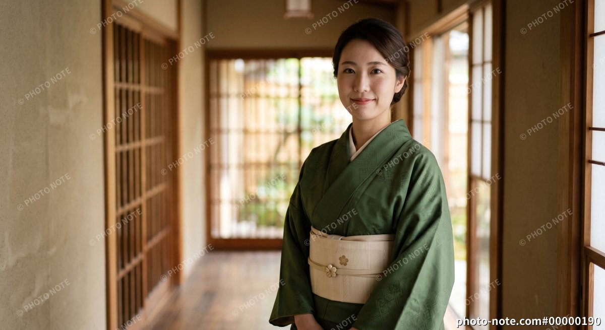 日本の旅館の廊下で微笑む着物姿の女性スタッフのポートレート