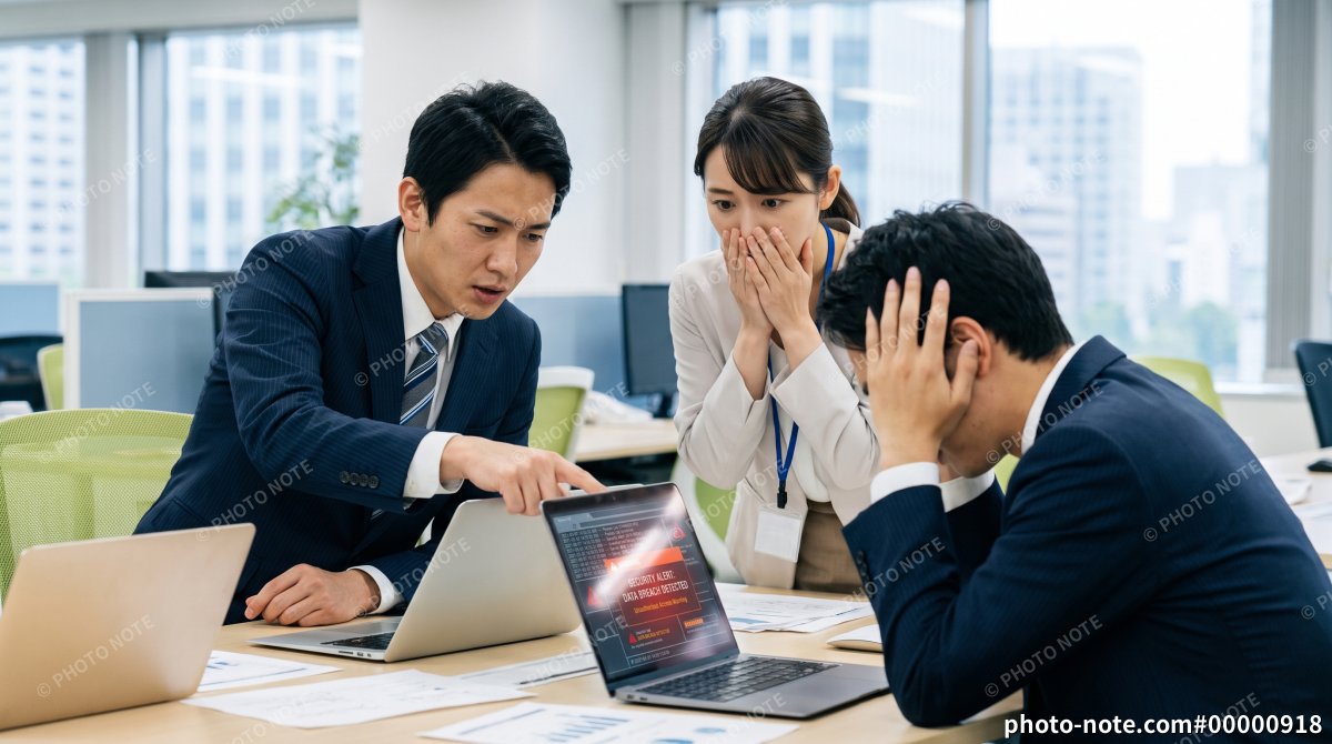 オフィスでノートPCのセキュリティ警告画面を見て焦るビジネスパーソン