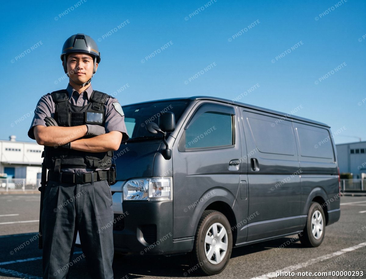現金輸送車の前に立つ重装備の警備員