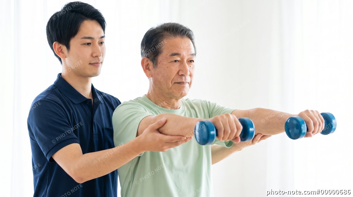 ダンベルで運動するシニア男性をサポートする男性インストラクター