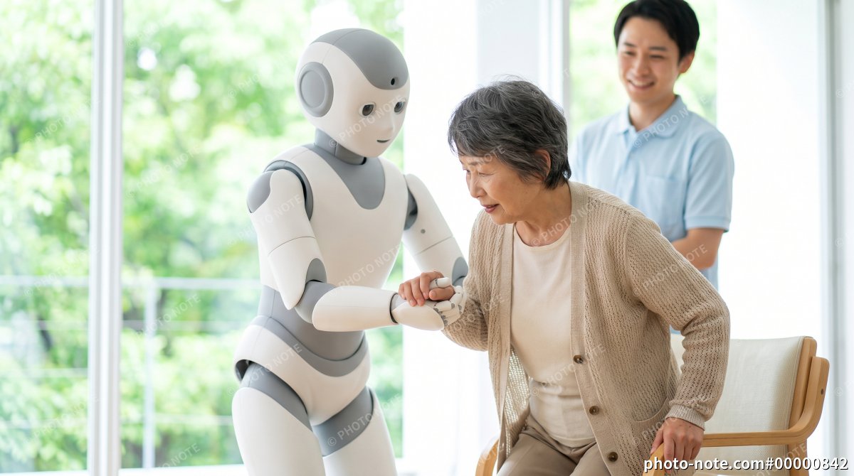 介護支援ロボットに支えられて椅子から立ち上がる高齢女性と介護スタッフ