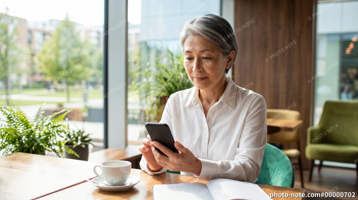カフェでスマートフォンを操作するシニア女性