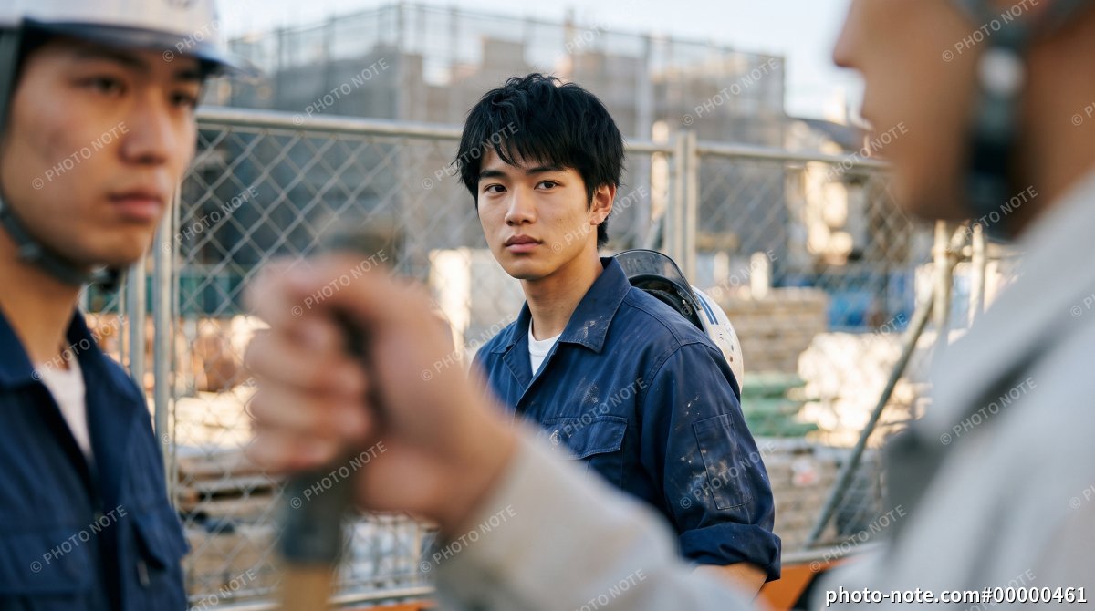 工事現場で真剣な表情を見せる男性作業員と仕事風景