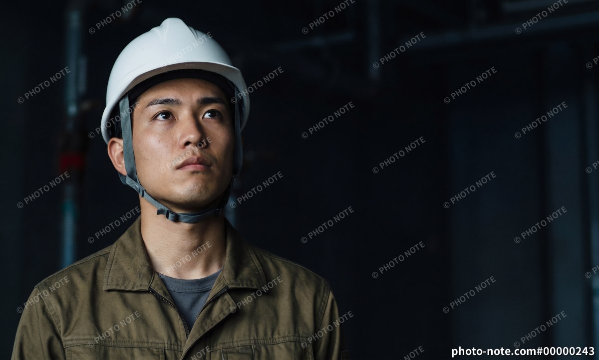 真剣な表情で見上げる作業員の男性