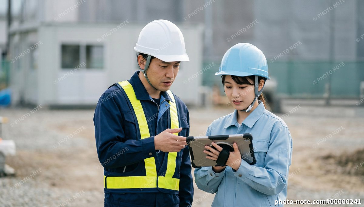 女性作業員に指示を出す現場監督・施工管理の男性