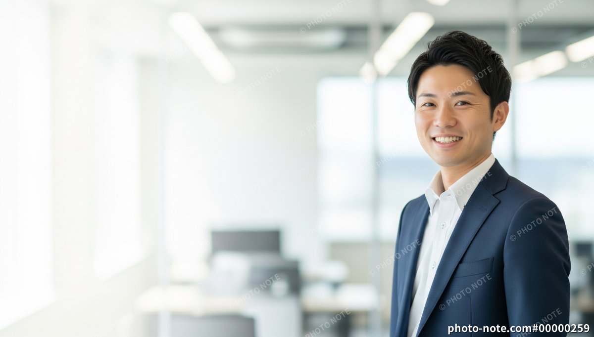 オフィスで微笑むスーツ姿の男性