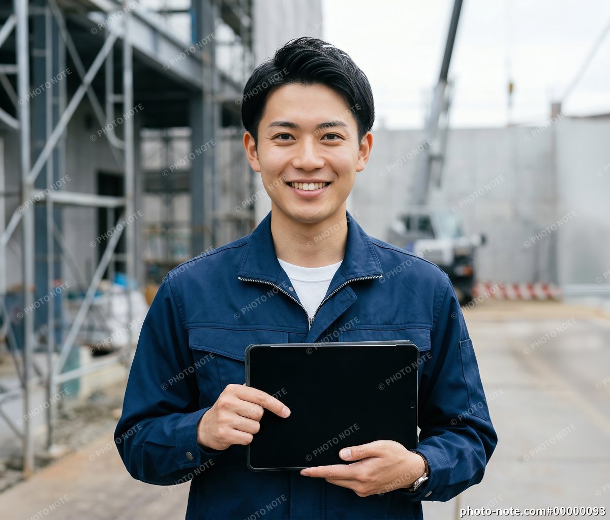 笑顔でタブレットの画面を見せる施工管理の男性