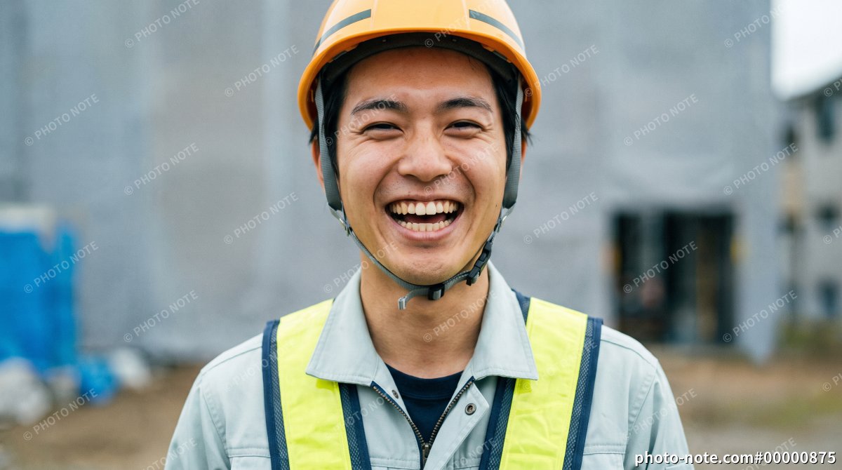 建築現場でヘルメットと反射ベストを着用した若い男性建設作業員