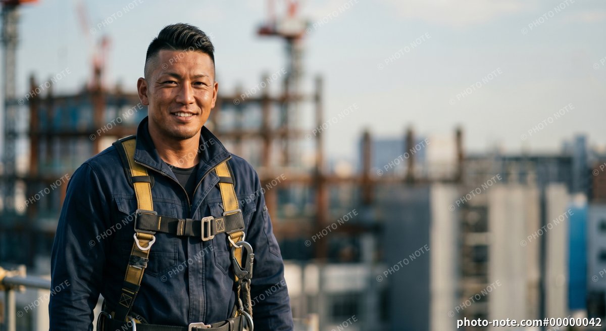 高所の建築現場で笑顔の鳶職、足場職人、男性作業員