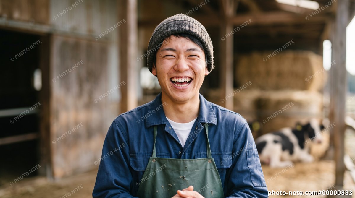 牛舎の前で手を重ねて笑顔を見せる酪農スタッフの男性