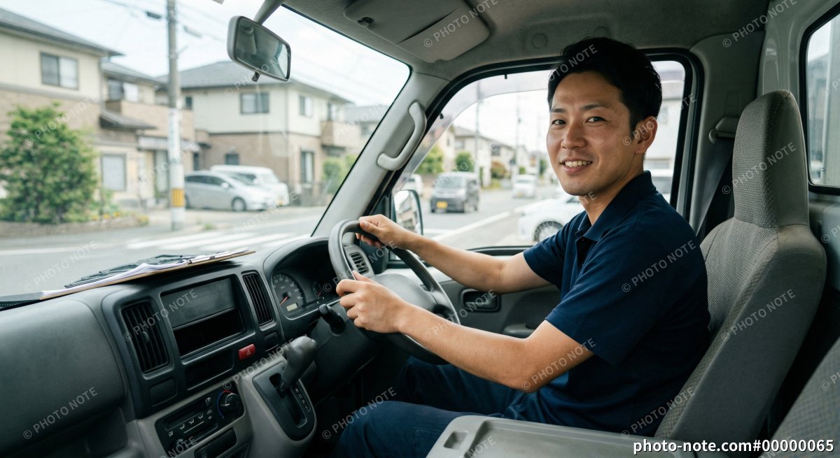 トラックを運転する笑顔の配送ドライバーの男性