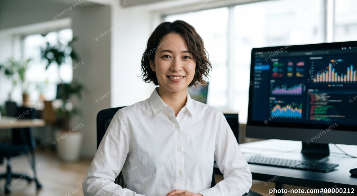 笑顔の女性データアナリスト オフィスでのパソコン作業