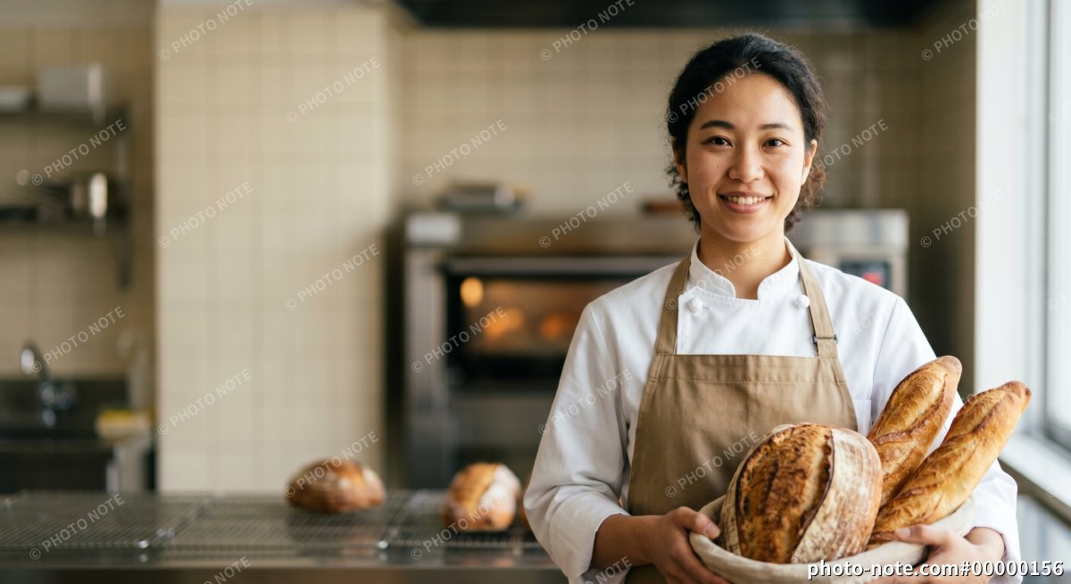 焼きたてパンの入ったカゴを持つパン職人の女性