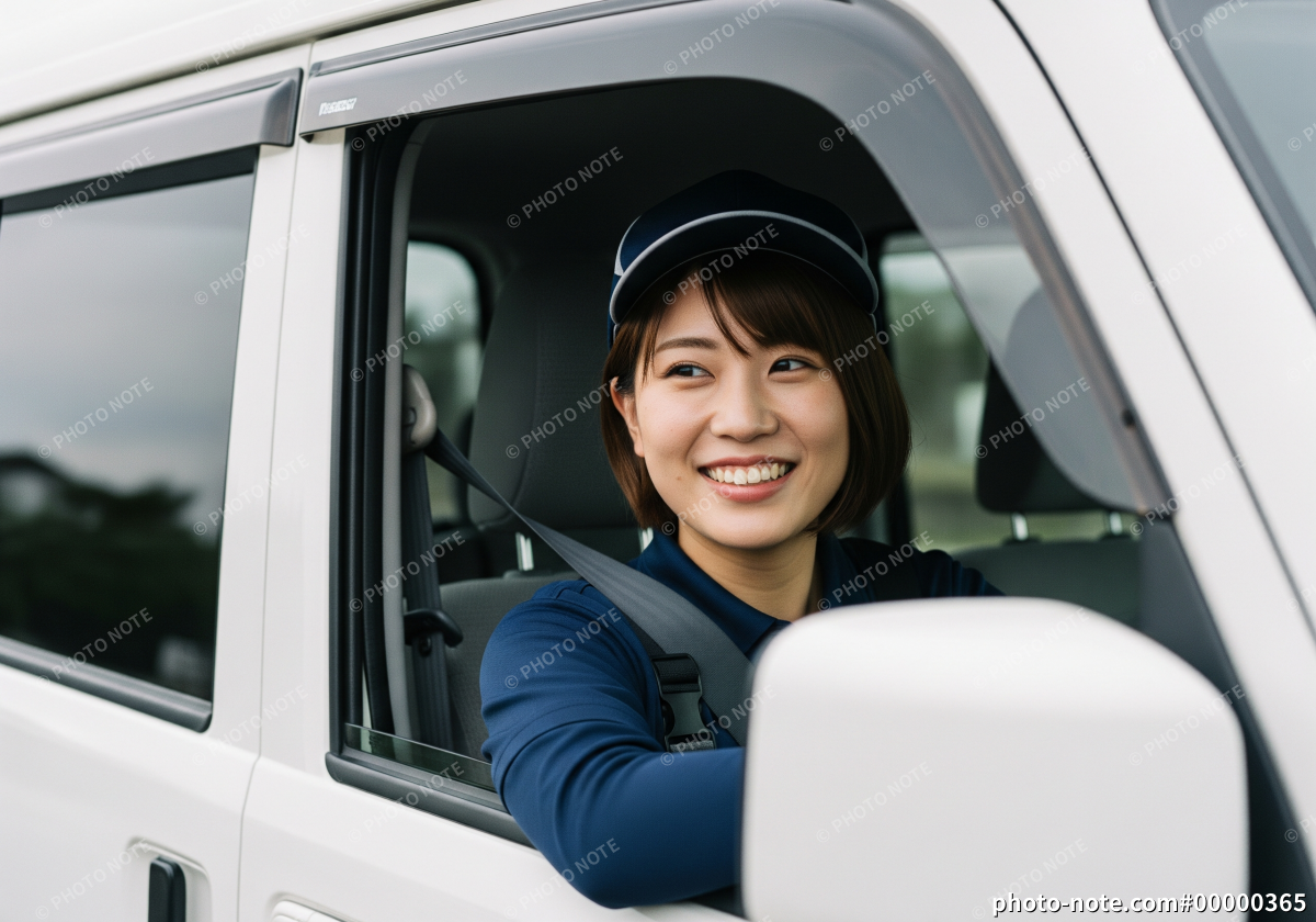 運転席から笑顔を見せる女性ドライバー