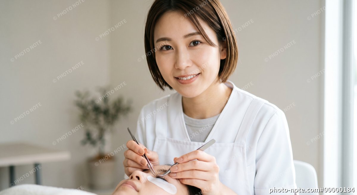 まつ毛サロンで施術を行う笑顔の女性アイリスト