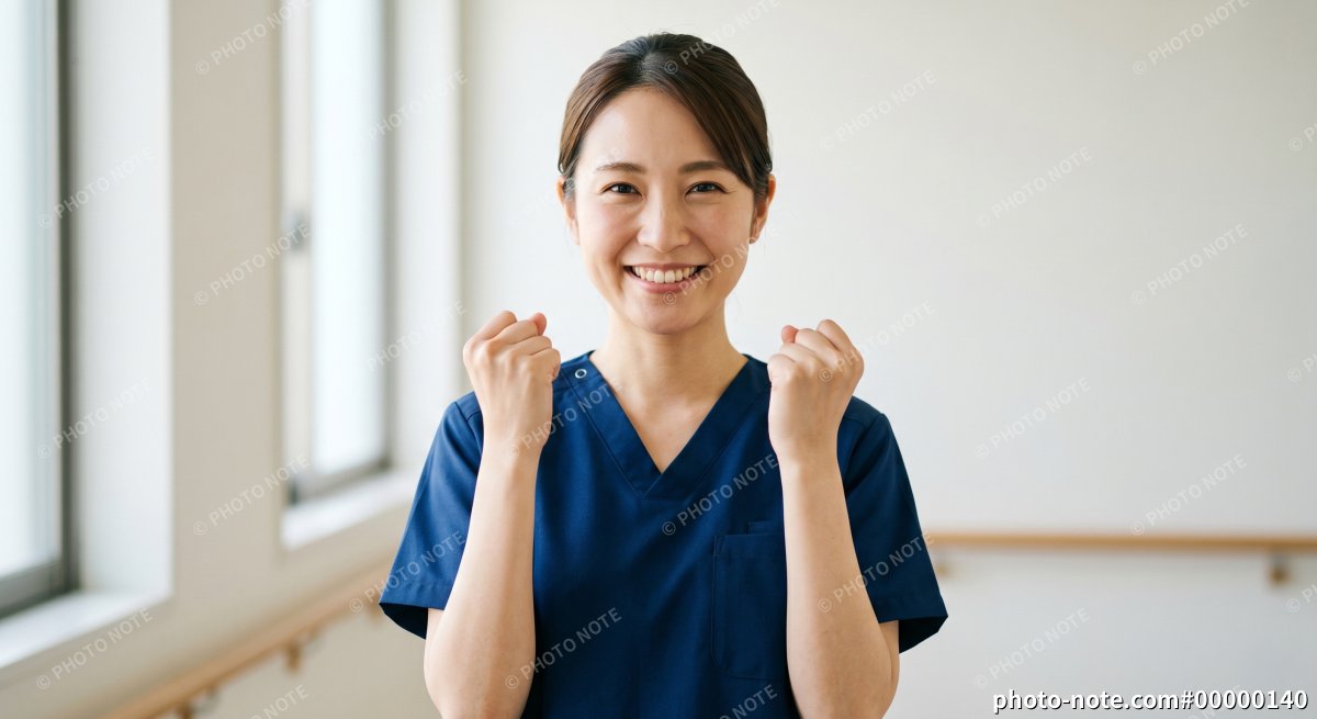 笑顔でガッツポーズをする女性看護師