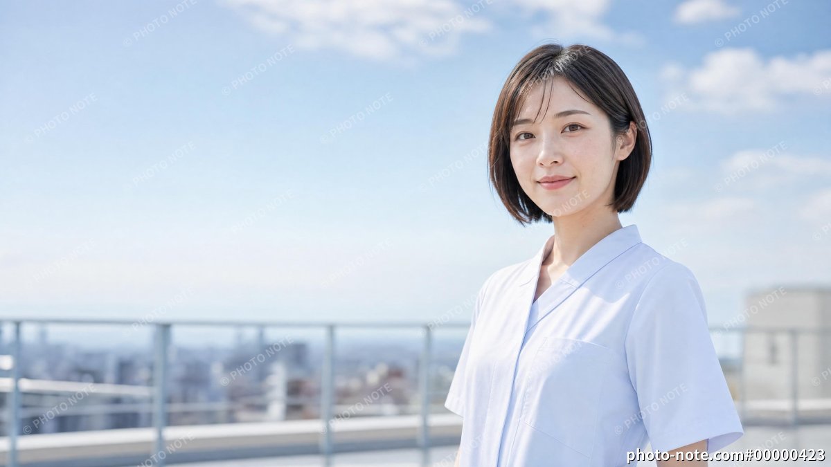 病院の屋上で微笑む白衣の女性看護師