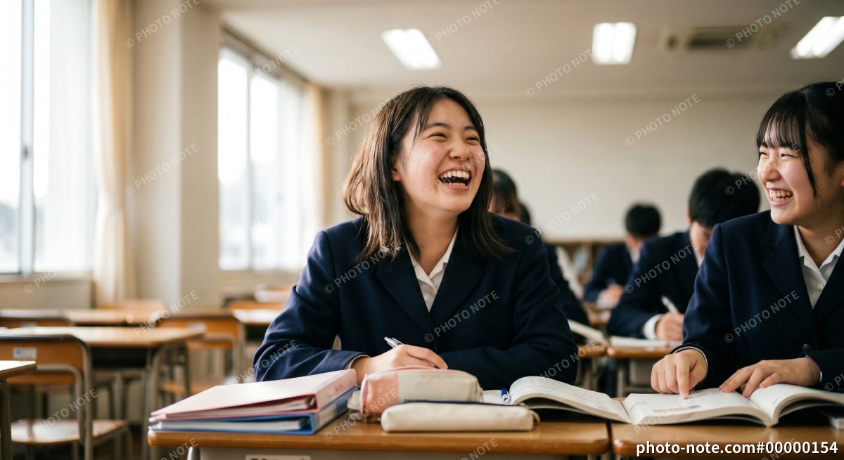 教室で笑顔で勉強する女子高生