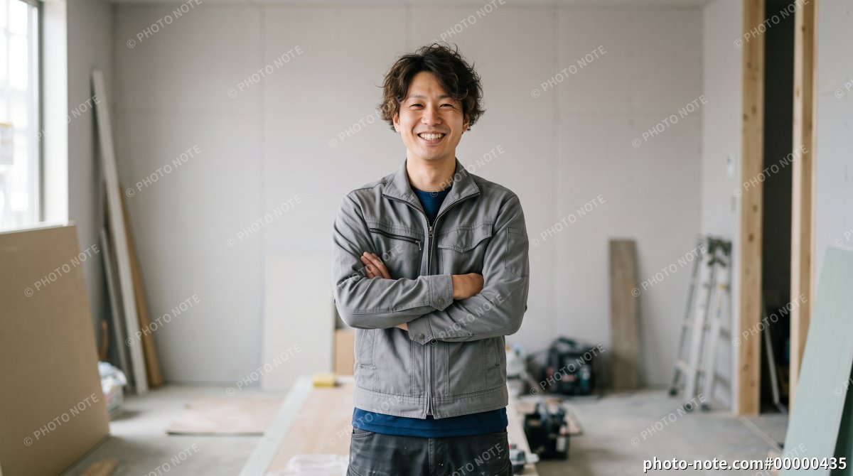 現場で腕組みをして笑う笑顔の内装仕上げ工事の作業員