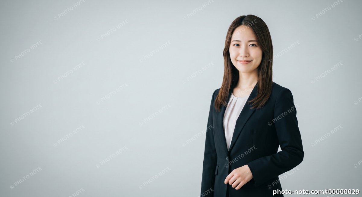 スーツを着て立つ笑顔の女性