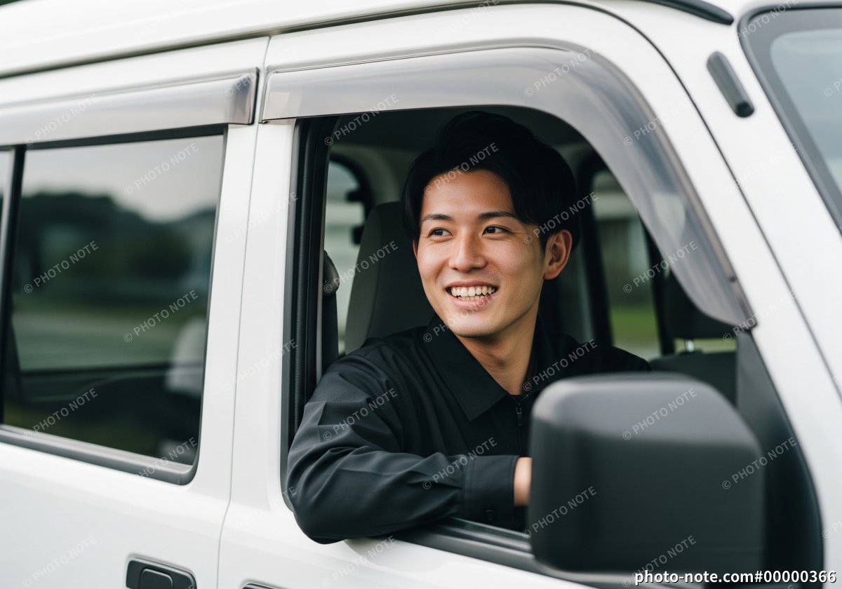 運転席から笑顔を見せる男性ドライバー