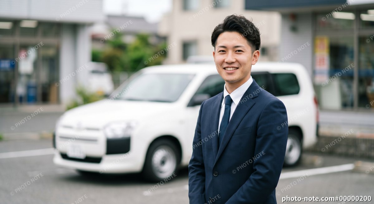 営業車の前で笑顔で立つスーツ姿の若い男性